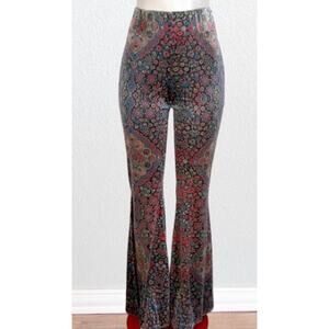 Judith March Arabian Nights Pants Medium Black Floral High Waist Flared Pull On